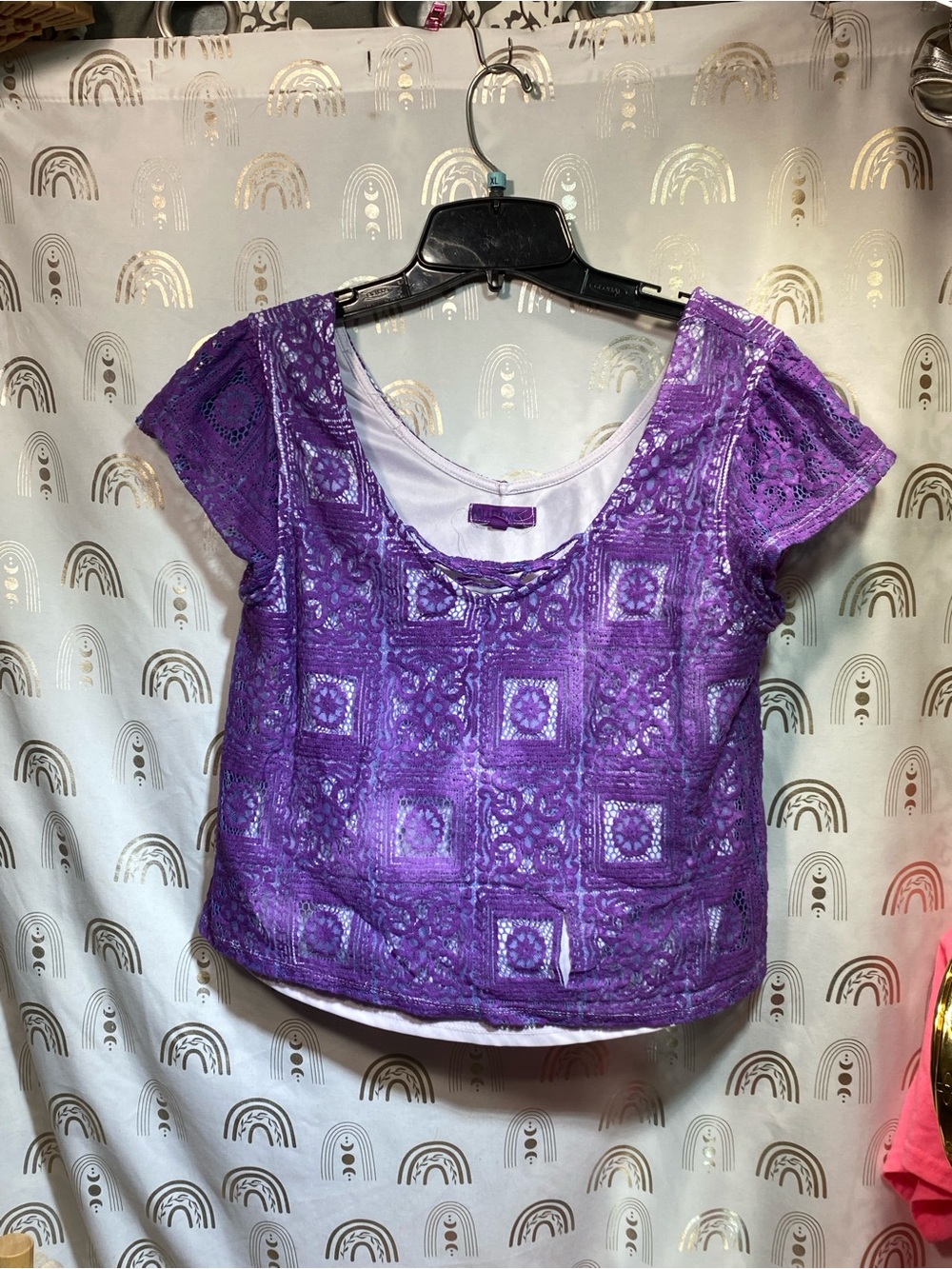 Wallflower Purple Lace Scoop Neck Short Sleeve Blouse